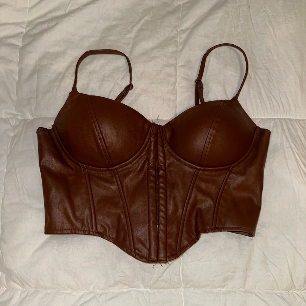 WORN ONCE Brown Corset Feaux Leather Crop Tank